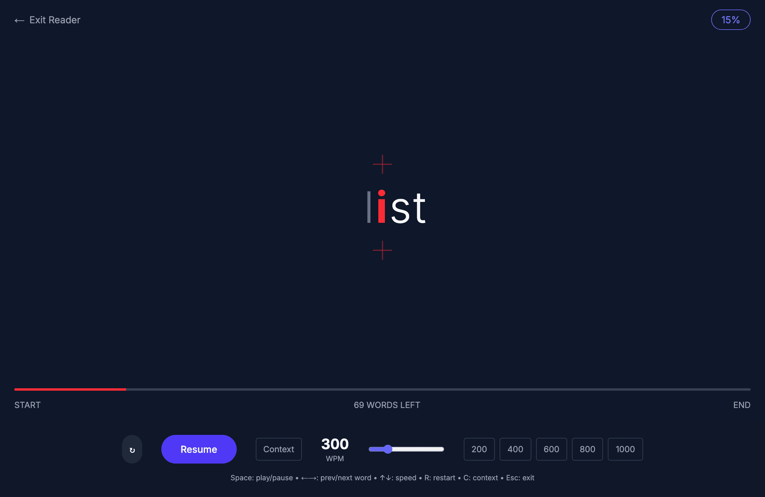 Focus Reader paused partway through a passage, with the progress bar and speed controls visible