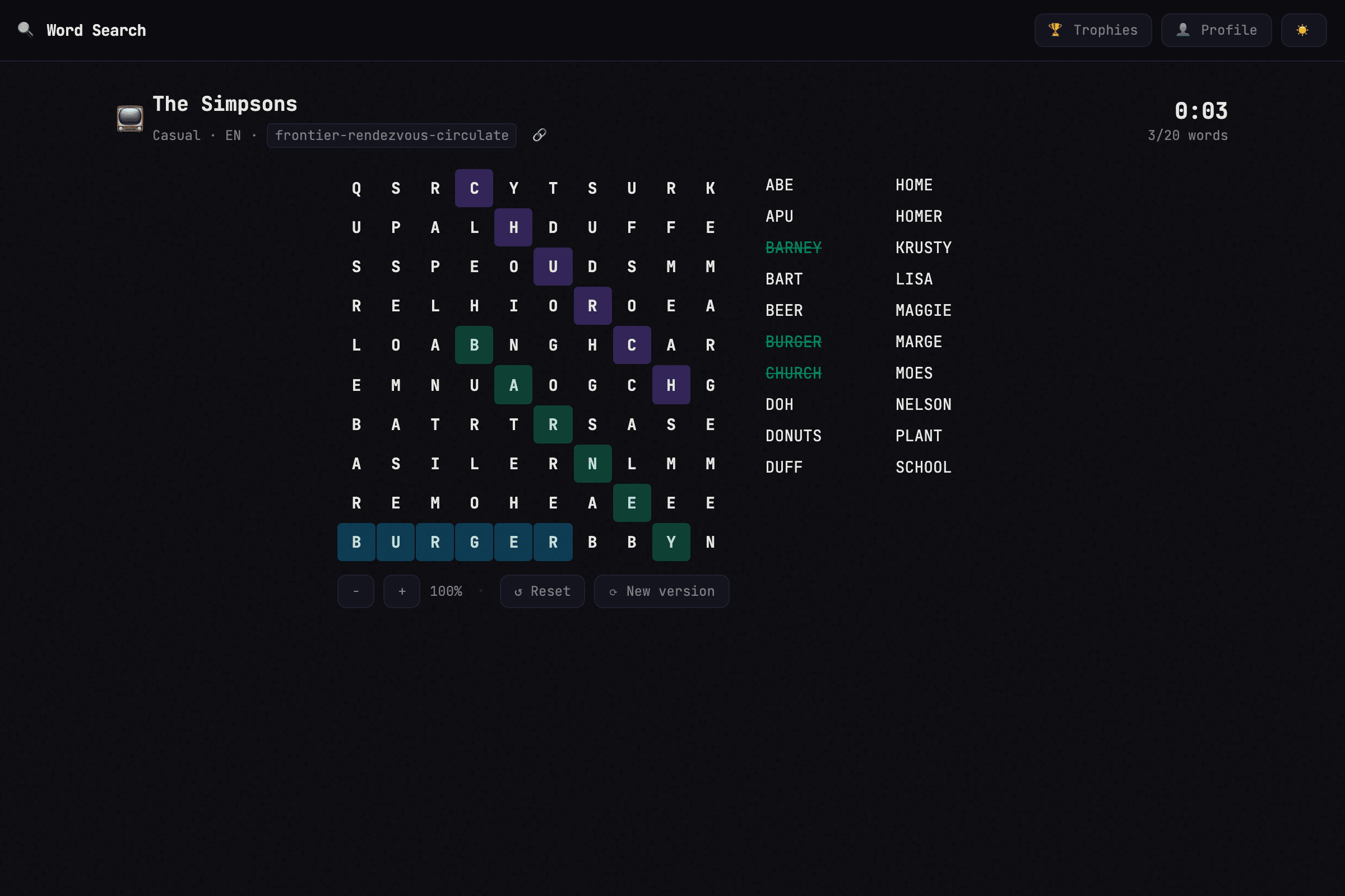 Word Search mid-game: The Simpsons theme with three words found in a 10 by 10 grid